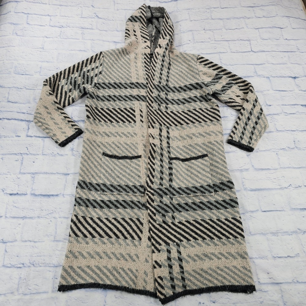 Joseph A Cardigan Sweater WOMEN M Beige Plaid Hooded Longline Duster Kimono